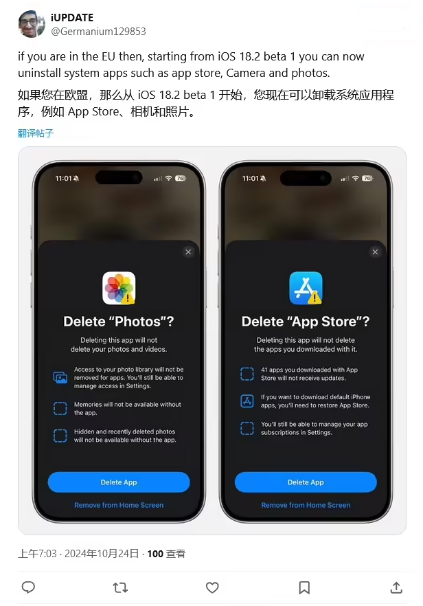 利通苹果手机维修分享iOS 18.2 支持删除 App Store 应用商店 